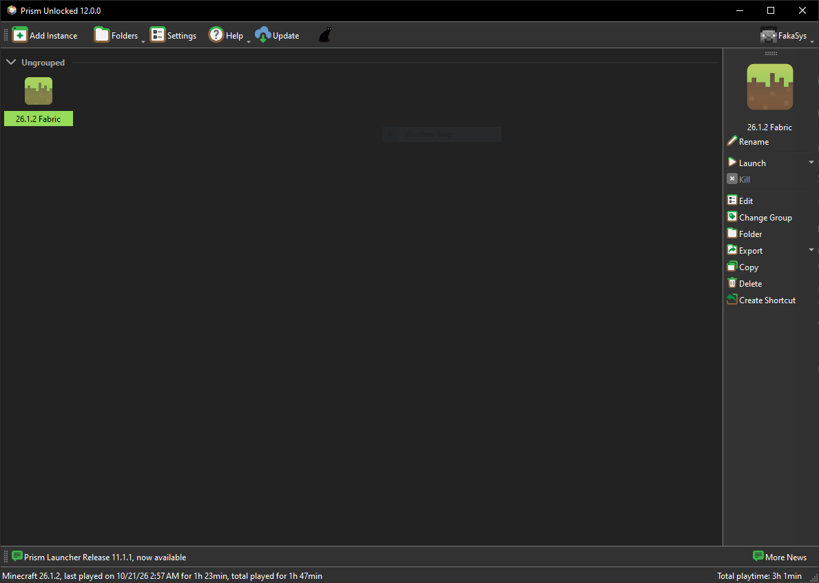 Prism Unlocked instance management window