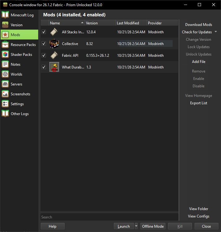 Prism Unlocked mods management window